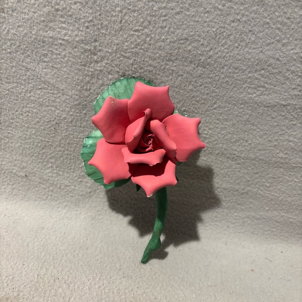 Vintage Capodimonte Ceramic Pink Rose with Green Stem Leaves Made in Italy
